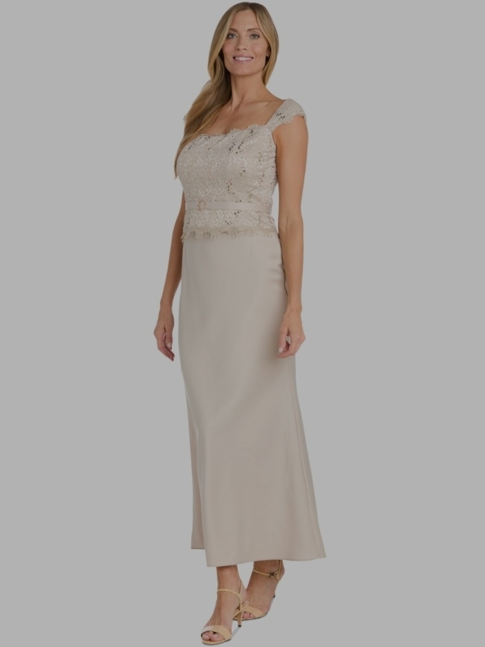 R&M Richards Champagne Lace Bodice Maxi with Cap Sleeves